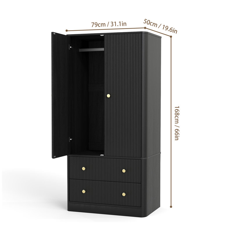 Armoire de ferme, armoire de rangement pour garde-robe, garde-robe pour vêtements 2 portes 2 tiroirs, Noir mat