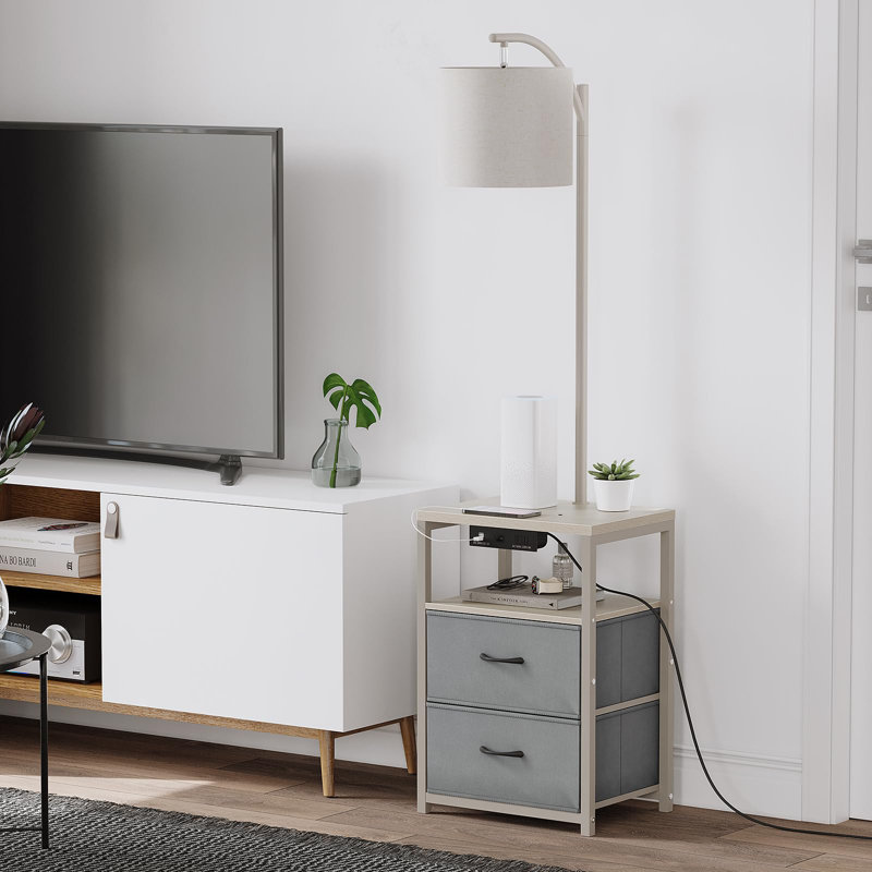 Modern Nightstand Lamp With Drawers, USB Ports, And AC Outlet, Versatile Bedside Table, White/Grey