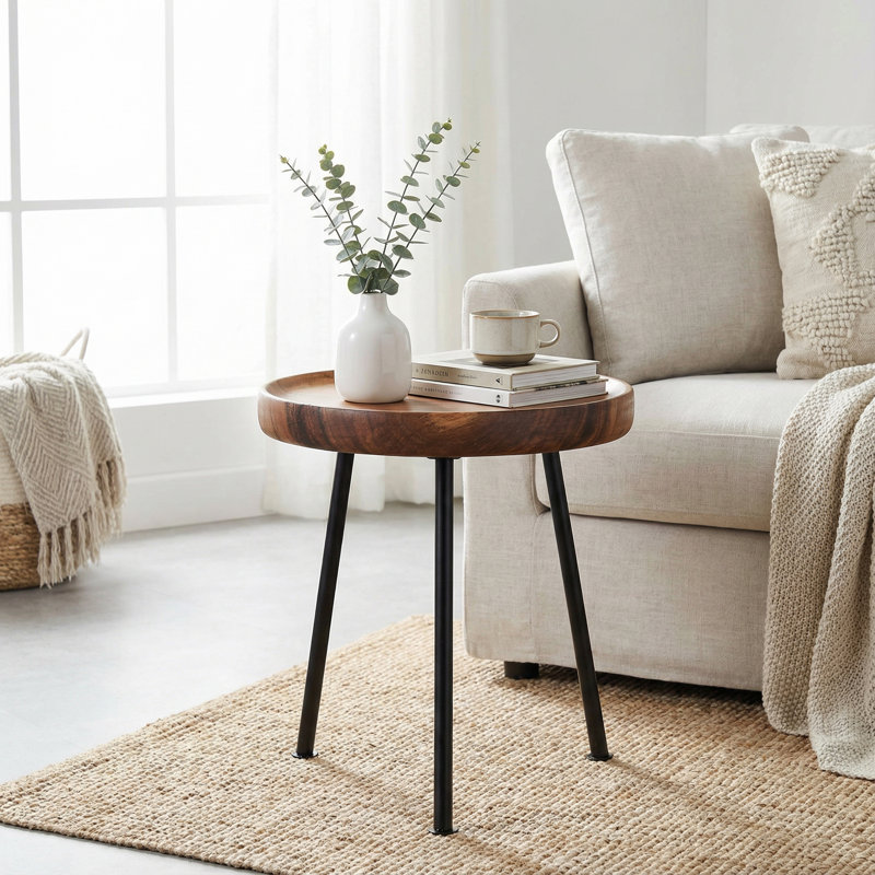 Kuzko Solid Teak Wood Small Side Table, 15" Round