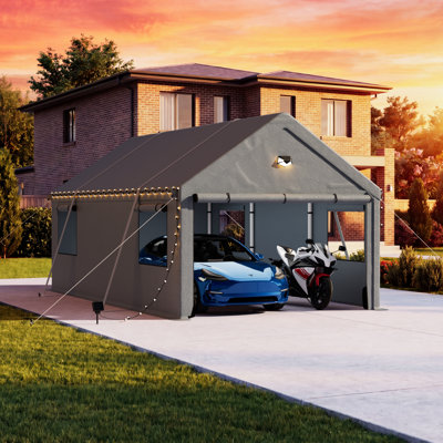 Abri d'auto 10 x 20 pi robuste avec fenêtres en filet et lumières solaires - Abri extérieur toutes saisons pour véhicules