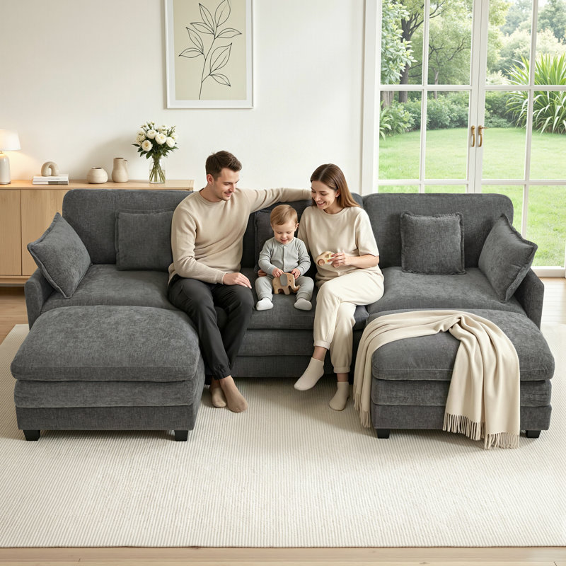 Canapé modulaire de 111,8 po, canapé 3 places en L avec 2 repose-pieds réversibles, Gris foncé