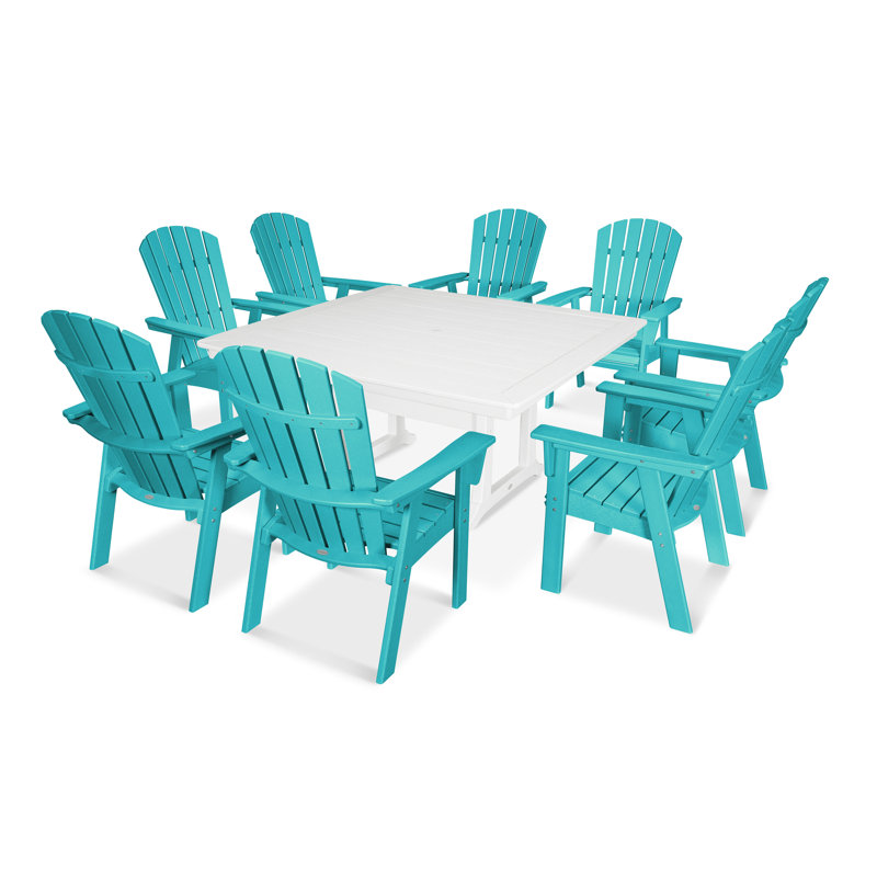 POLYWOOD Nautical Curveback Adirondack 7-Piece Dining Set with Trestle Legs, Aruba/White, 7 Pieces: Table, 6 Chairs