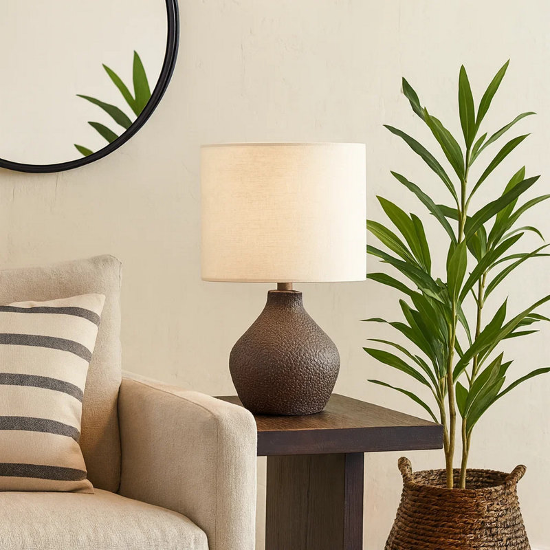 Yahya Table Lamp With Textured Brown Resin Base, Beige Linen Shade, Brown