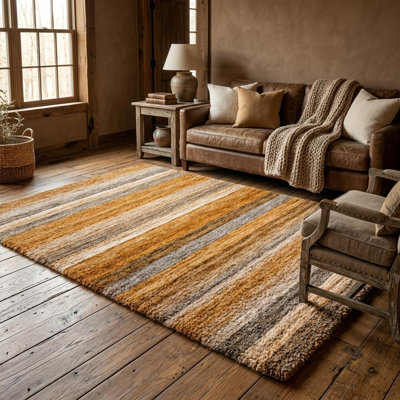 Tapis à poils longs lavable à rayures orange et cuivre 8 pi x 10 pi avec protection UV