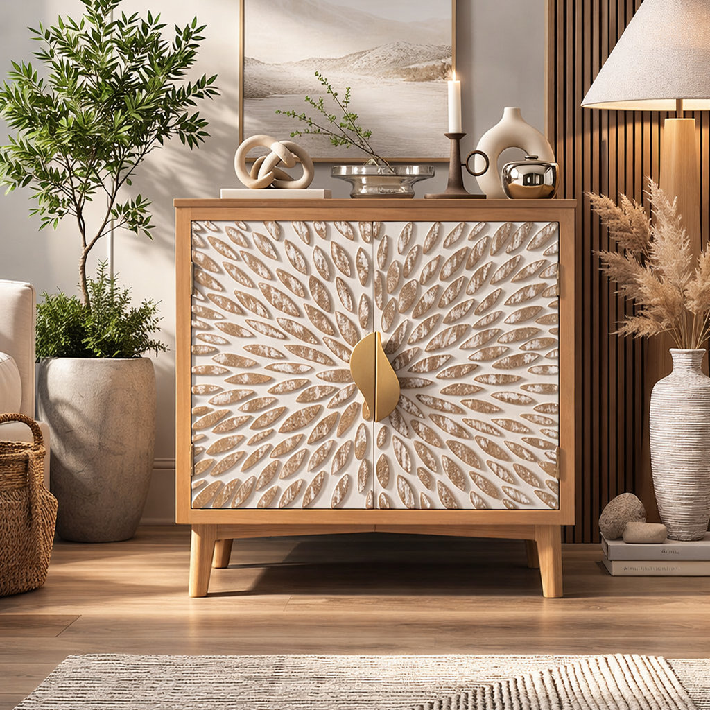 Hugdahl 30 " Wide 2-Door Flower Natural Distressed Solid Wood Accent Cabinet,Modern Farmhouse George Oliver