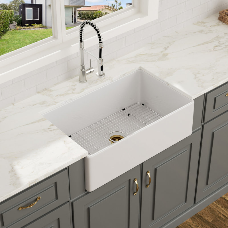 Évier de cuisine encastré en céramique blanc avec grille et crépine L 30 po x l 18 po