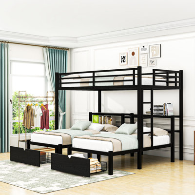 Full over Twin and Twin Triple Metal Bunk Bed with Drawers and Shelves