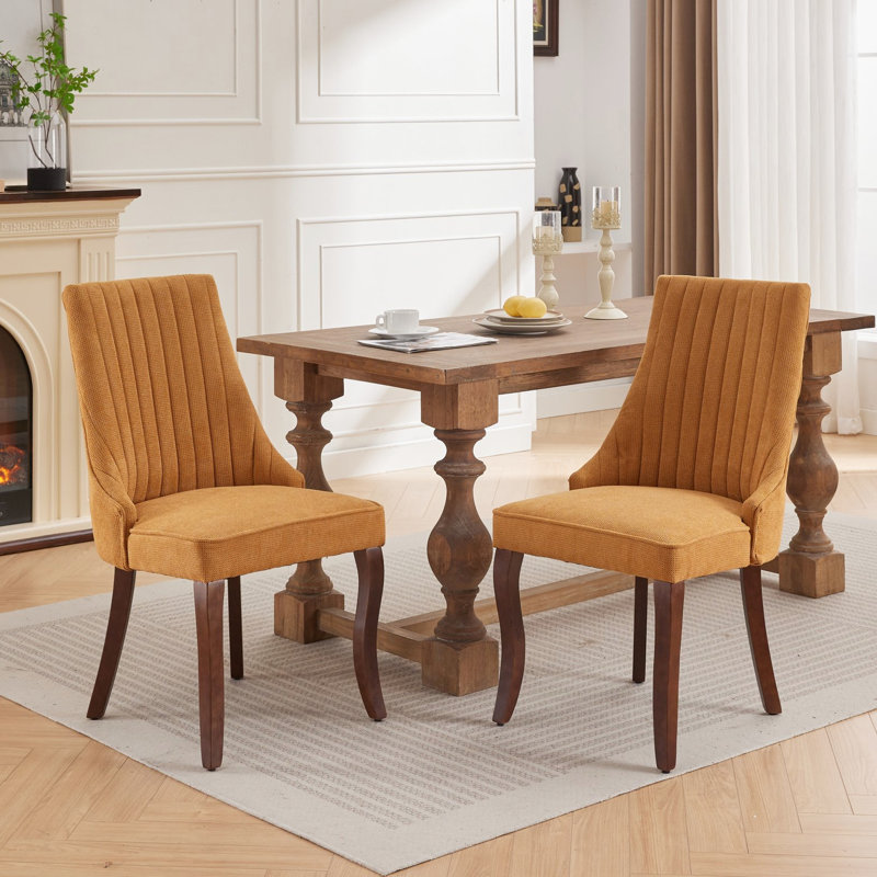 2 chaises de salle à manger, tissu en rayonne, haut soutien, pieds incurvés en bois massif, jaune, tissu d'ameublement en lin jaune de conception américaine, pour une expérience d'assise, coussin éponge rebond avec bandes de caoutchouc et acier