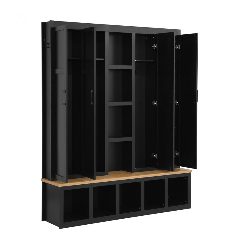 62.9"W Farmhouse 4-In-1 Hall Tree With 6 Hanging Hooks, Mudroom Wood Grain Bench With Open Compartments, Black