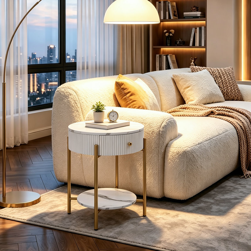 Woodville Side Table with Storage, Calacatta White, Gold