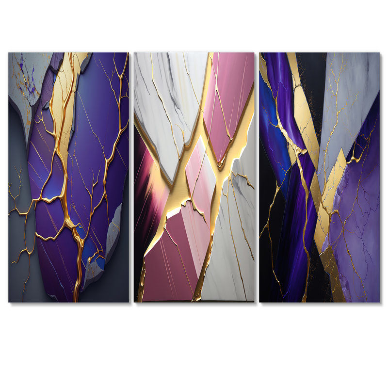 «Abstract Geode Mauve I» sur toile, reproduction de 3 pièces, H 40 po x l 60 po x P 1 po