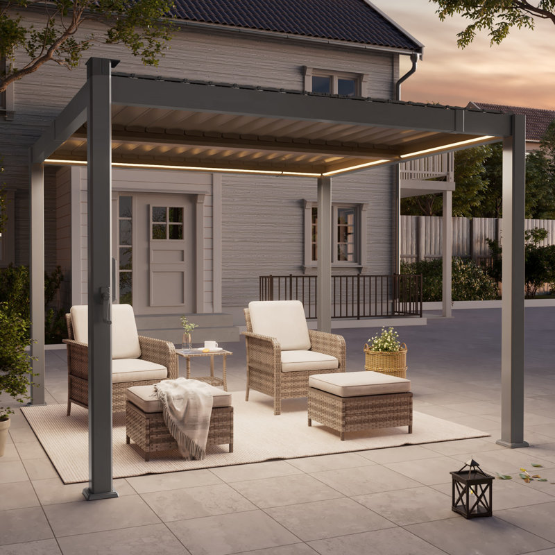 LED-Equipped Full Aluminum Pergola with Adjustable Rainproof Louvers and Concealed Water Drainage for Patio