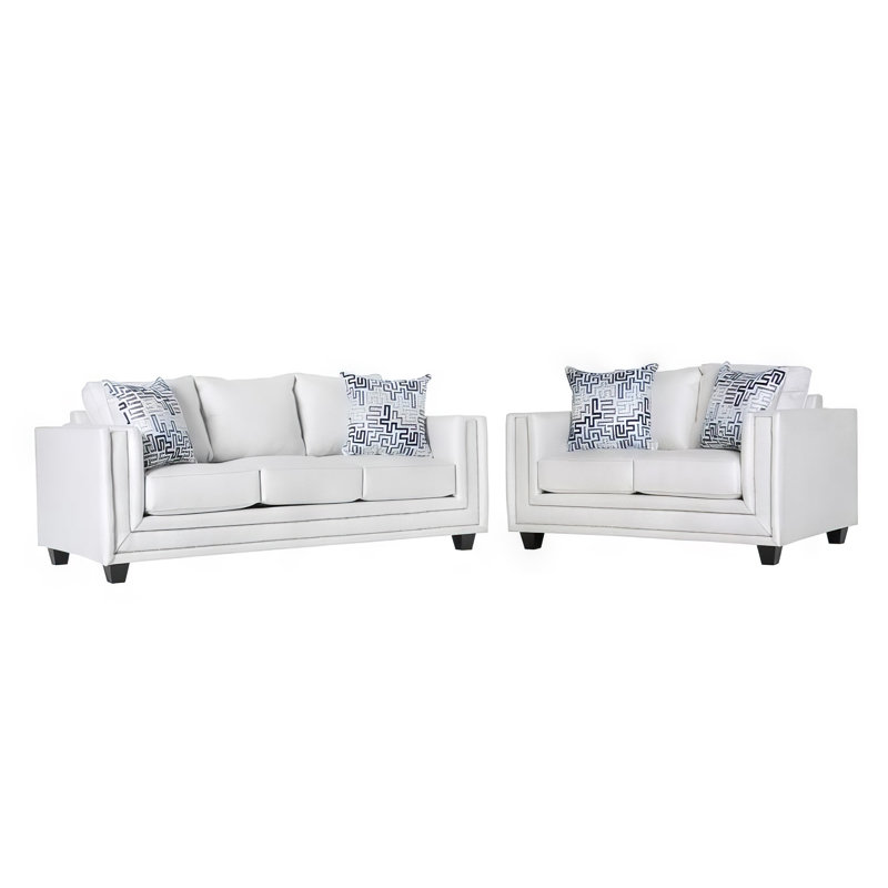 Ensemble de canapé et causeuse Imna avec 4 coussins décoratifs, chenille blanc bleu