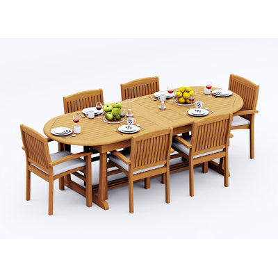 Ensemble de salle à manger 7 pièces en bois de teck de qualité A: table à pieds tréteaux 94 po et 6 chaises à accoudoirs empilables # 11WV2306