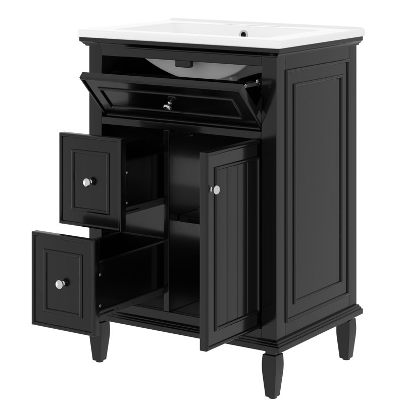 24"Bathroom Vanity with Sink, Solid Wood & MDF Cabinet with Flip Drawer and 2 Drawers, Adjustable Shelf, Modern Small Space Storage Unit