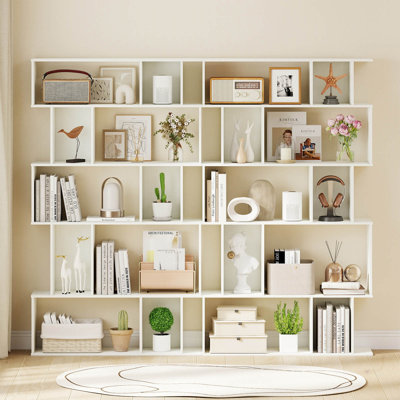 1 PCS 5-Tier Geometric Bookshelf with Open Shelves & Closed-back Cubes for Living Room White