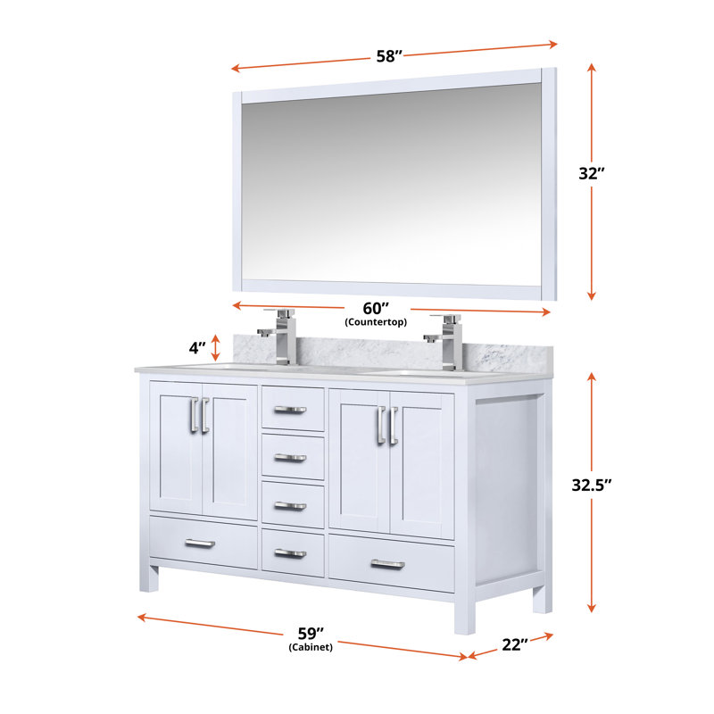 Jacques 60 in. W x 22 in. D Double Bath Vanity and Top, White Carrara Marble, White