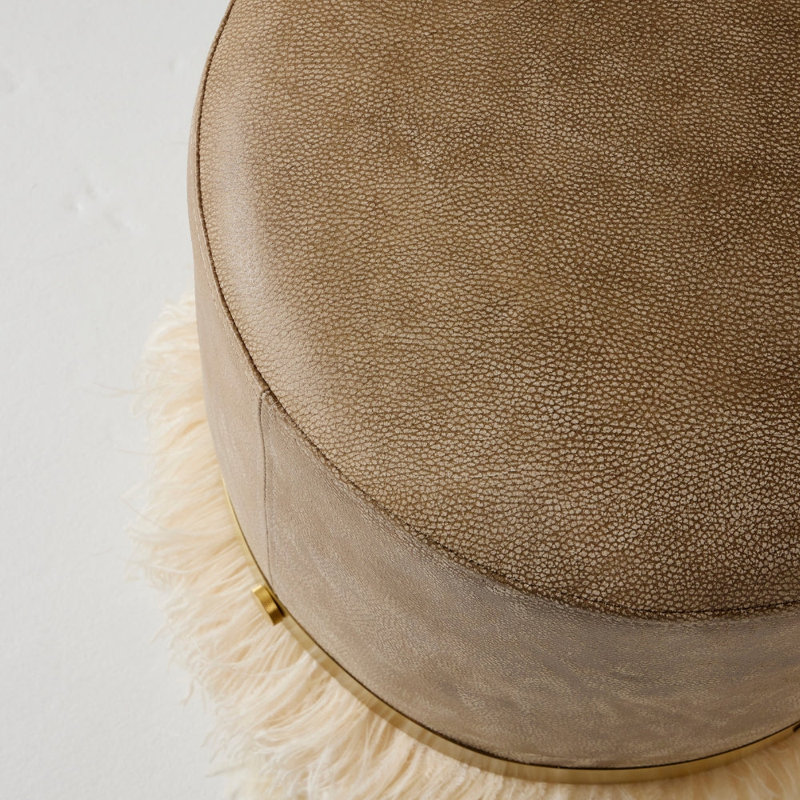Leather Ostrich Fluff Pouf, Taupe/Cream