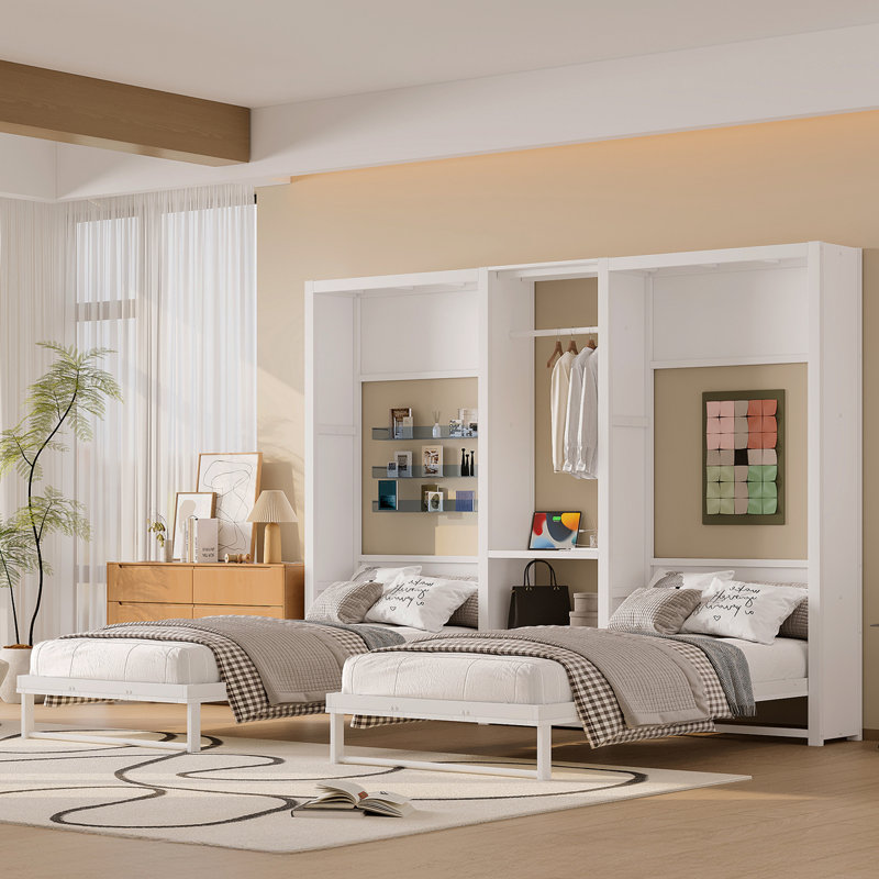Lit escamotable simple et simple, lit escamotable pliable en métal avec garde-robe, tablettes et prises de courant, conception 2 en 1, peu encombrant