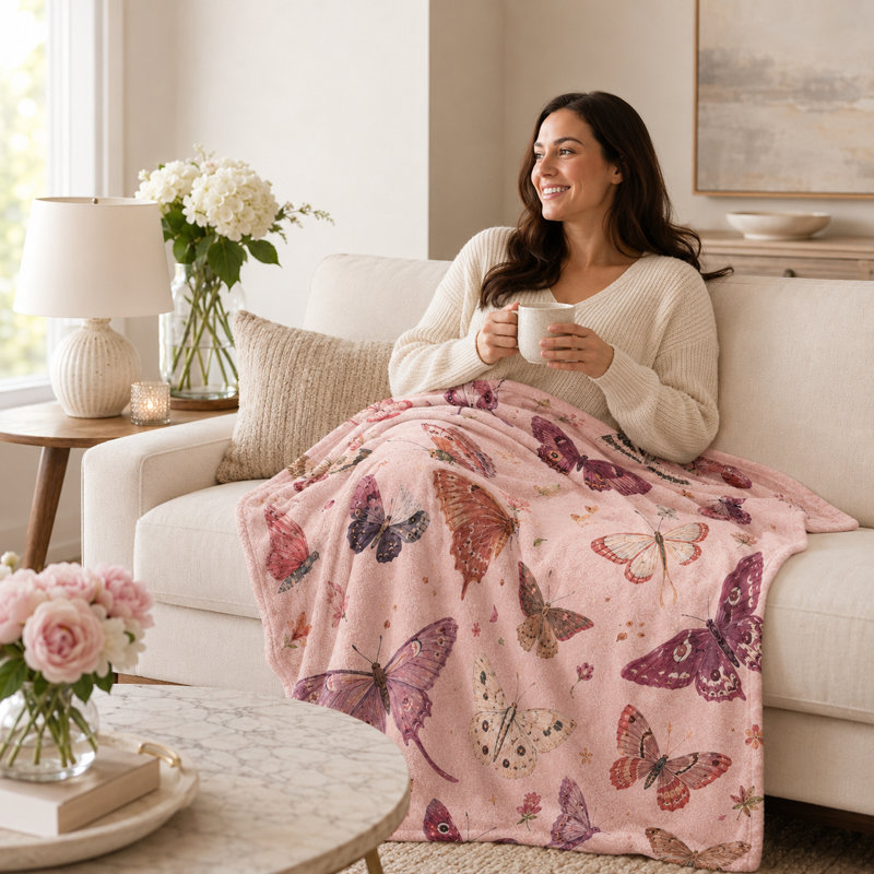 Couverture en flanelle papillon rose et papillon de nuit Blush, L 80 po x l 60 po