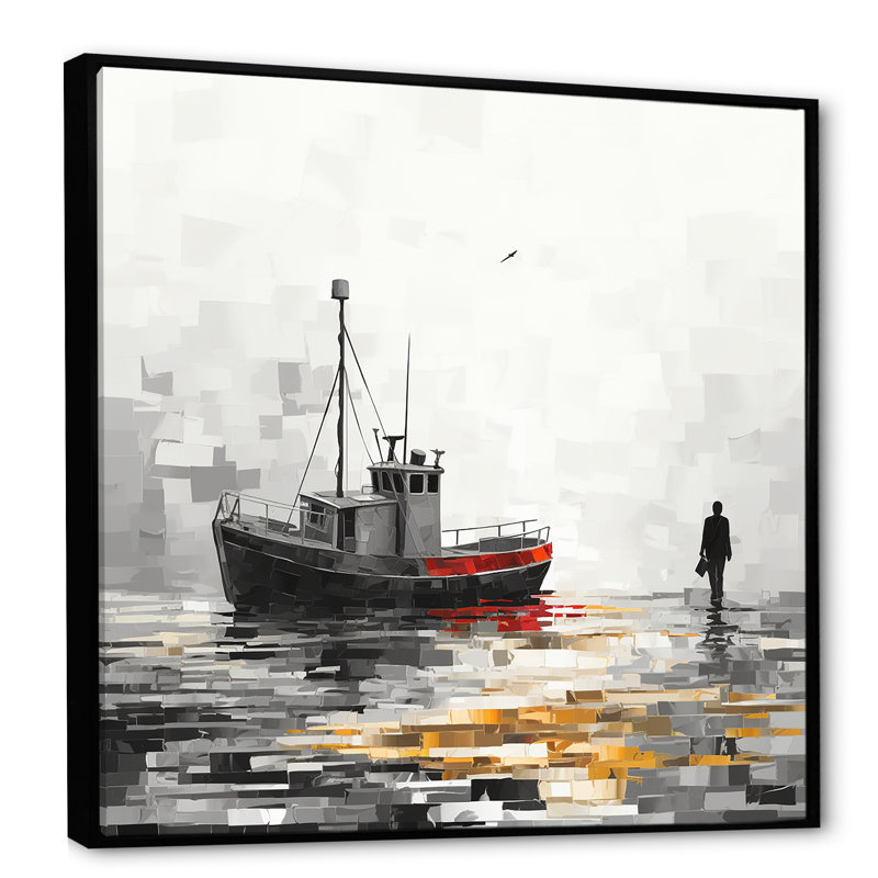 Bateau gris I, bateau côtier, art mural, Cadre flottant noir, H 30 po x l 30 po