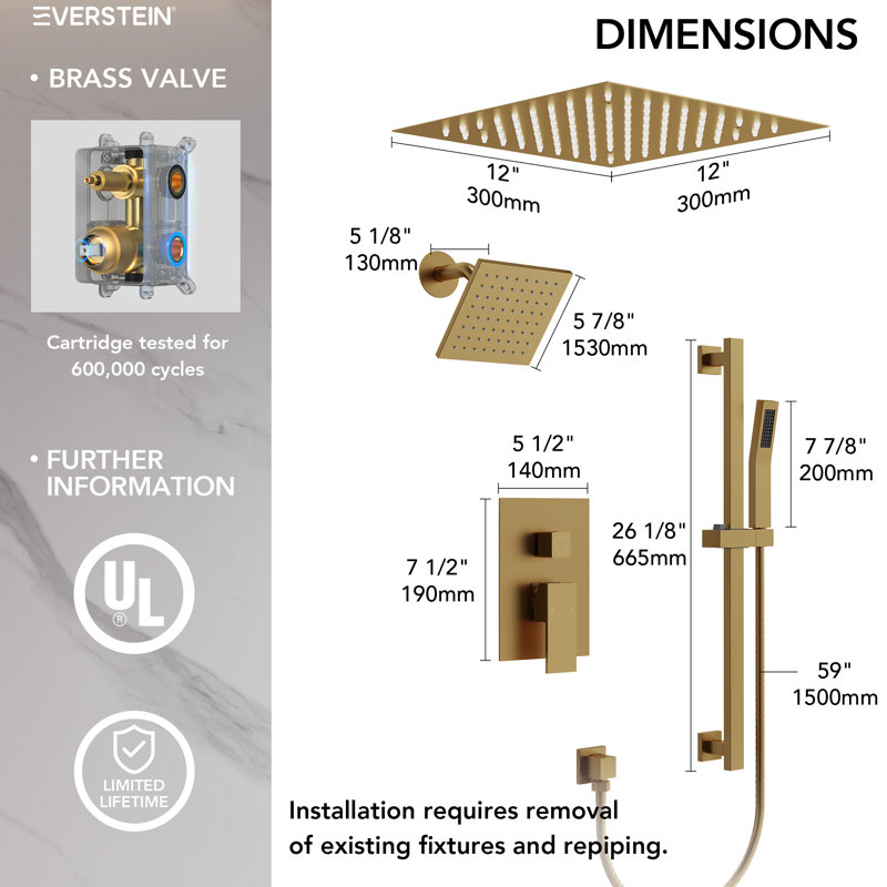 LED Shower Faucet System,12" & 6" Dual Shower Head with Rough-In Valve, Brushed Gold