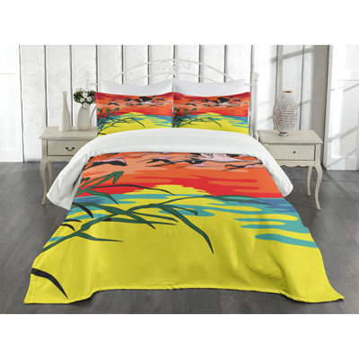 Ambesonne Flamingo Bedspread Set Birds in the Air Art Multicolor