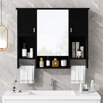 35'' X 28'' Modern Wall Mounted Bathroom Storage Cabinet, Bathroom Wall Cabinet With Mirror, Medicine Cabinet With Towels Bar