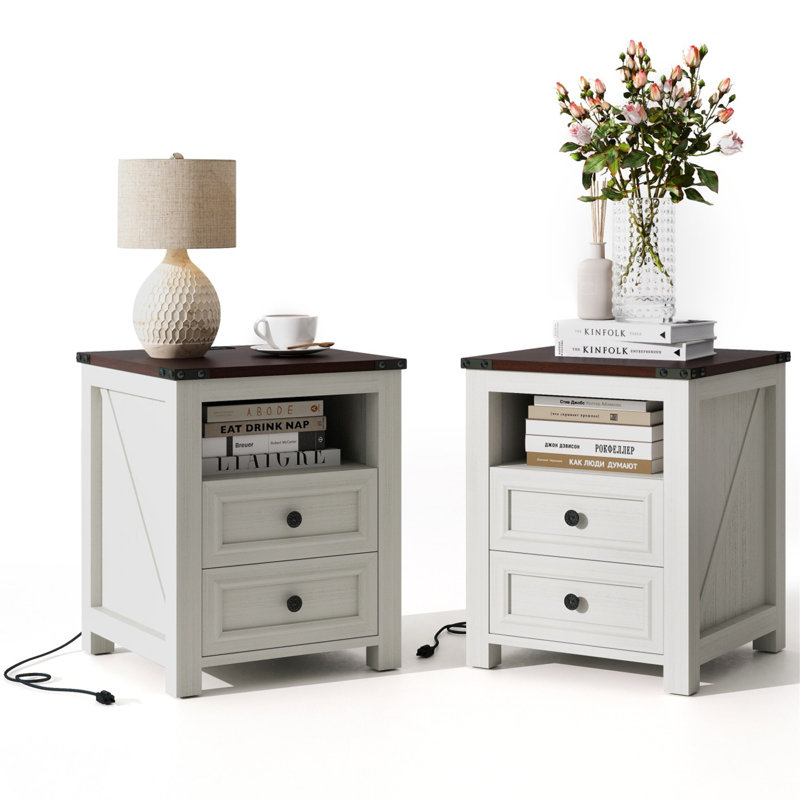 Winston Porter Farmhouse Charging Nightstand – 2 Drawers + Open Cabinet, 18"x18"x24" – Multi-Use End Table for Living Room, Bedroom or Office