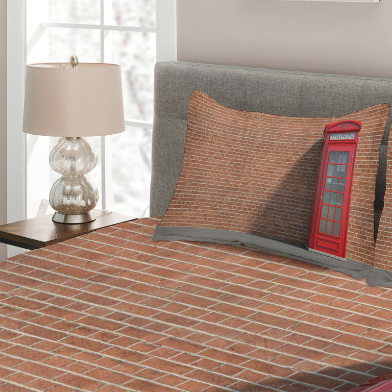 Phone Booth Rustic Polyester Geometric Shapes Coverlet, King Bedspread + 2 Shams