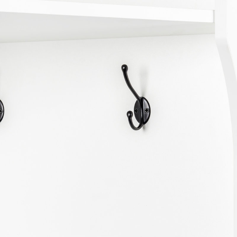 Minimalist Corner Hall Tree With Shoe Bench - 4 Hooks & Adjustable Shelf For Entryway/Living Room, White