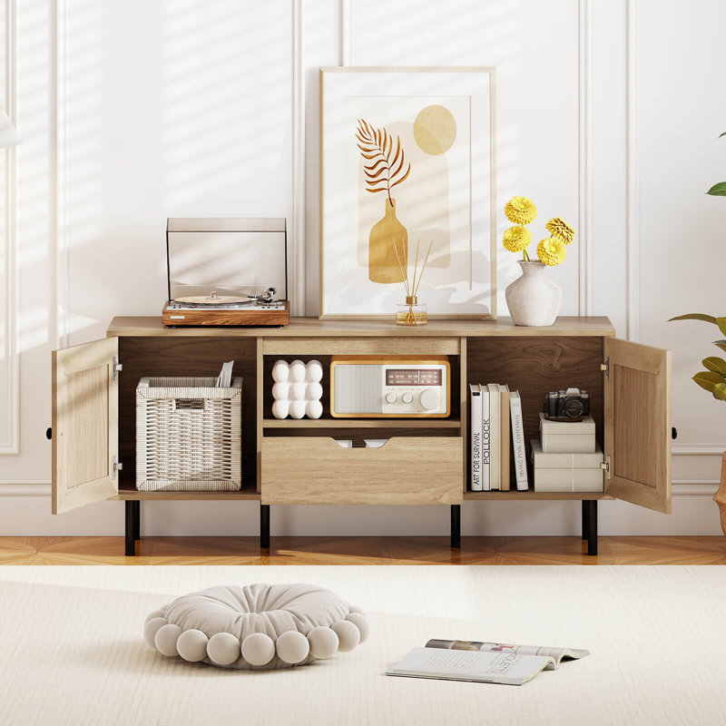 Meuble télé Boho pour téléviseur 60 po avec armoires, tablette de rangement, tiroir, portes en rotin PE