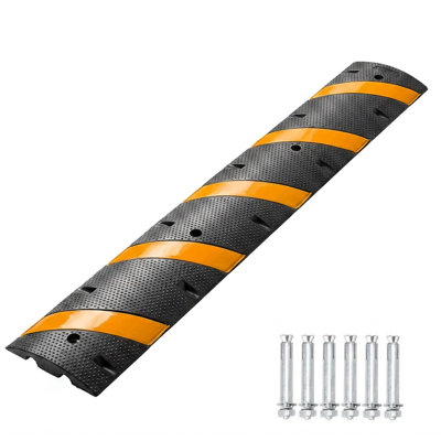 6FT*1 piece + end caps*2 pieces Heavy‑Duty Recycled Rubber Speed Bumps, 2‑Channel Modular Cable Protector Ramps, 25000‑LB Traffic‑Calming Ramp for Driveway, Asphalt, Concrete & Gravel Surfaces