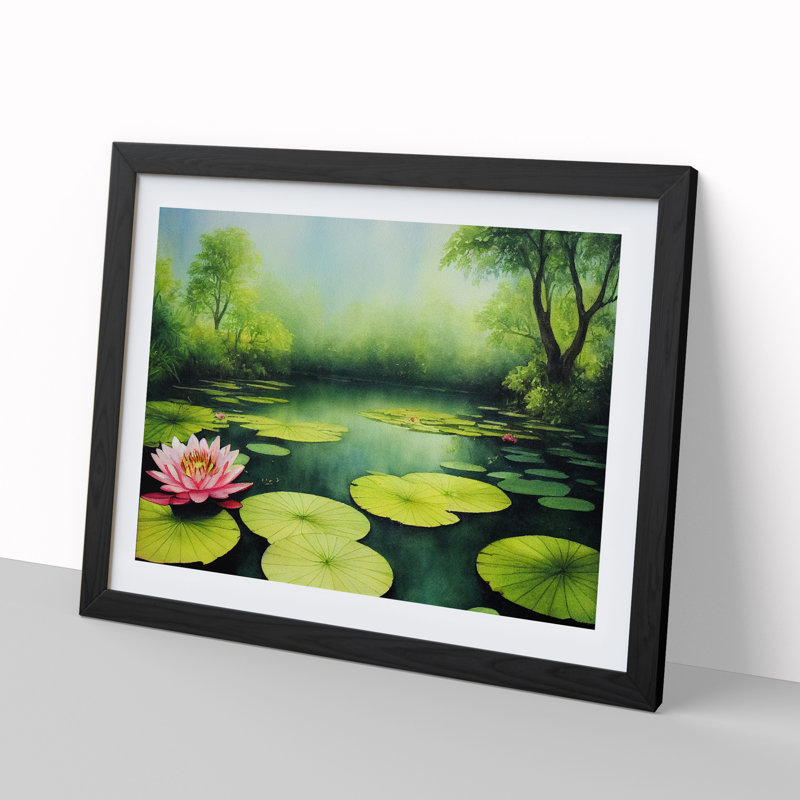 Watercolour Lily Pond Vol.1 - Single Picture Frame Painting, 34cm H x 46cm W x 2cm D, Black