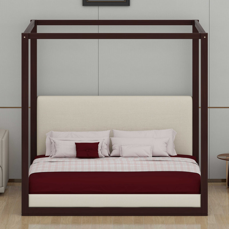 Élégante base de lit à baldaquin avec tête de lit tapissier luxueuse, Espresso