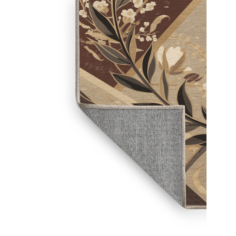 Machine Washable Medford Laurel Wreath Champion Symbol Classic Floral Rug in Brown – Beige Binding, 7x10