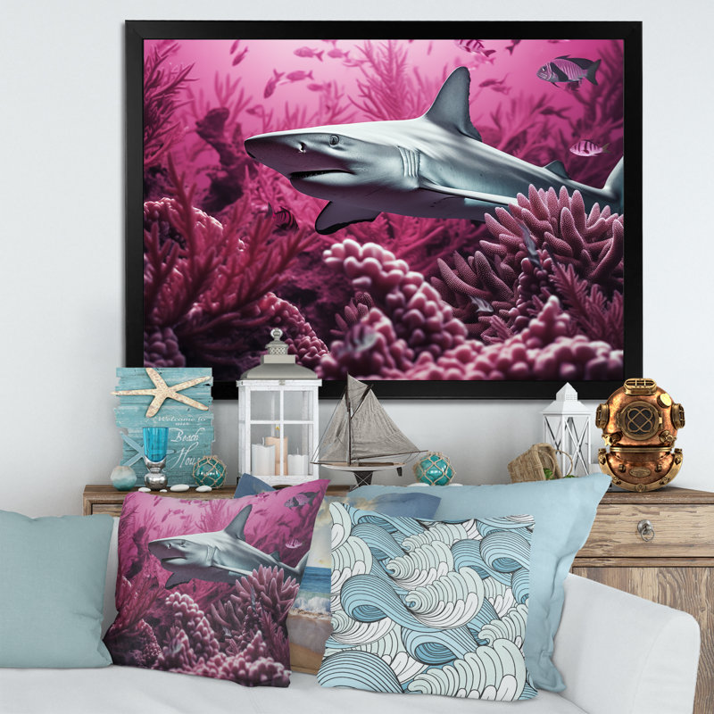 " Hammerhead Purple Sharks ", 24" H x 32" W x 1" D, Black Single Picture Framed