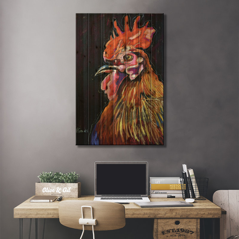 «Penyu Proud Rooster On Wood» par David Hinds, reproduction, H 26 po x l 18 po x P 1,5 po