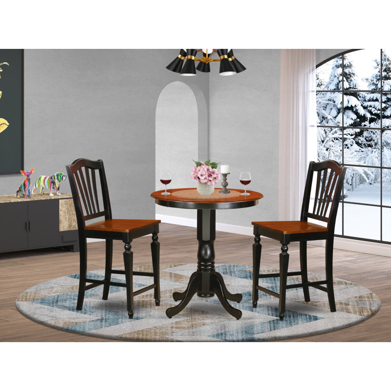 3 Piece Kitchen Counter Set for Small Spaces Contains a Round Dining Room Table with Pedestal and 2 Dining Chairs, Black & Cherry
