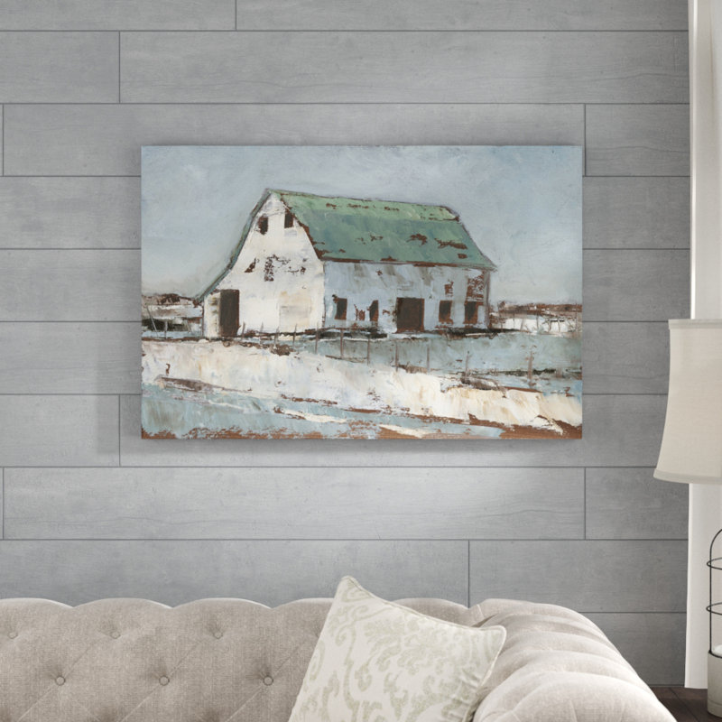 «Plein Air Barn II», peinture sur toile, H 24 po x l 36 po, Papier avec cadre unique doré, Oui