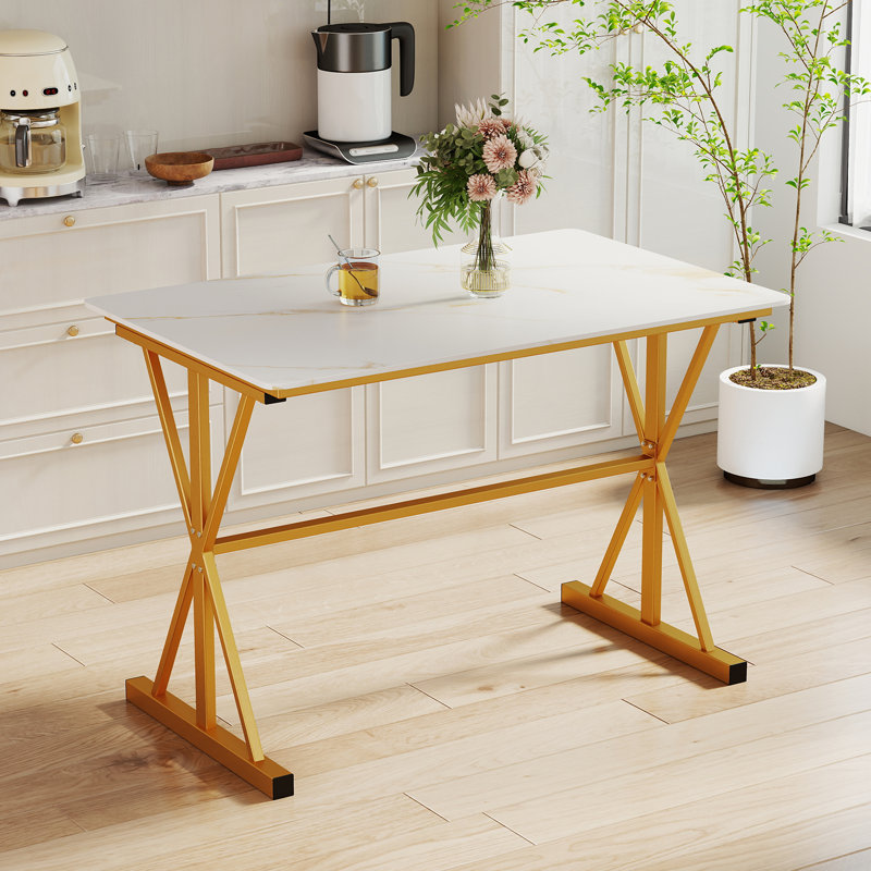 44'' Rectangular Kitchen Table w/ Metal Frame Faux Marble Tabletop Heat