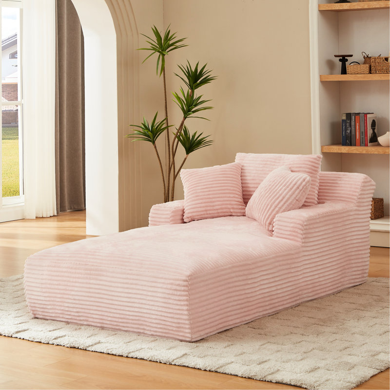 Très grande chaise longue d'intérieur en velours côtelé rose, conception ergonomique, coussin à ressorts, utilisation instantanée sans assemblage, salon