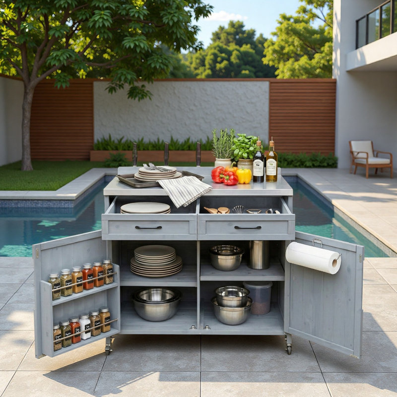 Îlot de cuisine extérieur avec plateau en acier inoxydable, grand tiroir, tablettes réglables, supports de rangement internes et 4 roulettes
