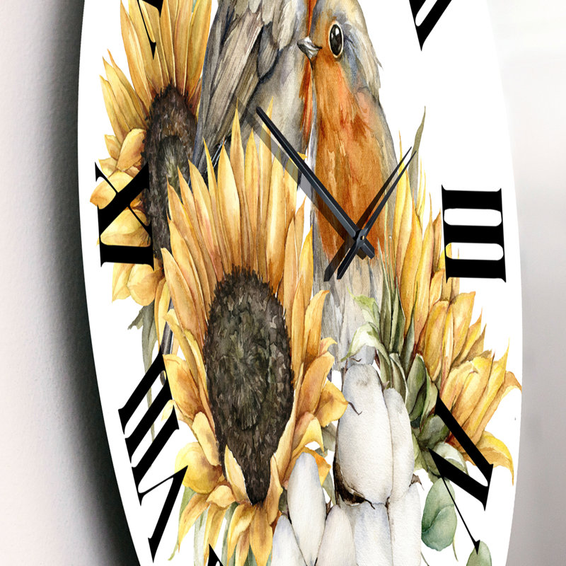 Autumn Bouquet with Redbreasts Sunflowers Cotton Wall Clock, Small