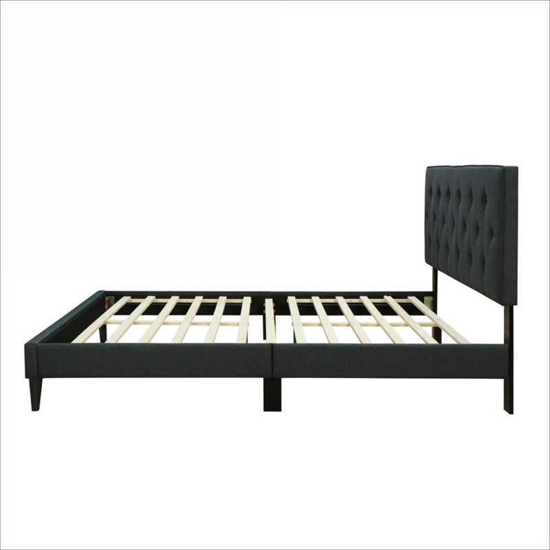 Spacious King Sized Tufted Upholstered Bed Frame with Bed in a Box Design, Convenient USB Charging, Matte Black Polyester Upholstery