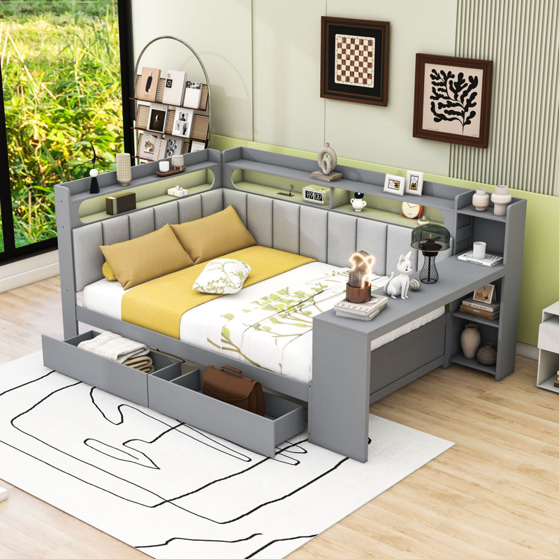 Lit de jour avec tablettes de rangement, tiroirs, bureau, lumières DEL et station de charge, Gris