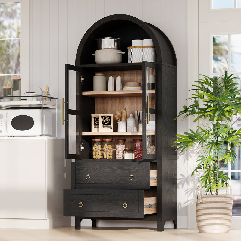 Garde-manger arqué de 71 po de hauteur avec 2 grands tiroirs avec tablettes réglables, portes en verre, armoire polyvalente en bois pour la cuisine, la salle à manger