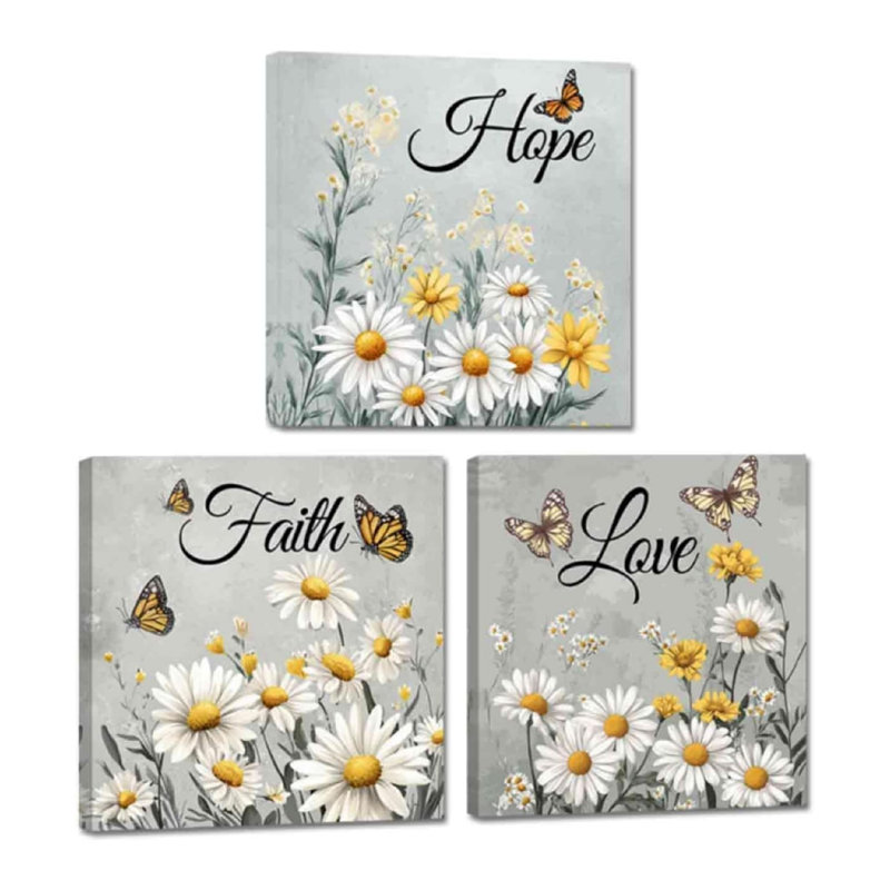 «Daisy Butterfly Faith Hope Love», reproduction d'art sur toile 12 x 12 pouces, 3 pièces