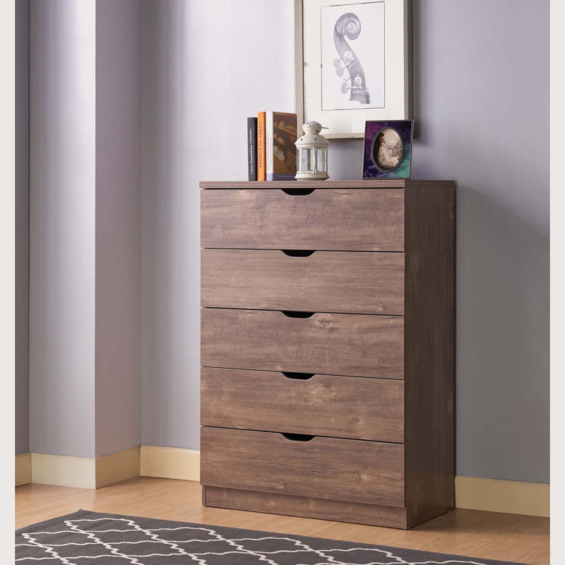 Commode d'appoint Acampo, commode 5 tiroirs, armoire de rangement avec glissières en métal, Noisette
