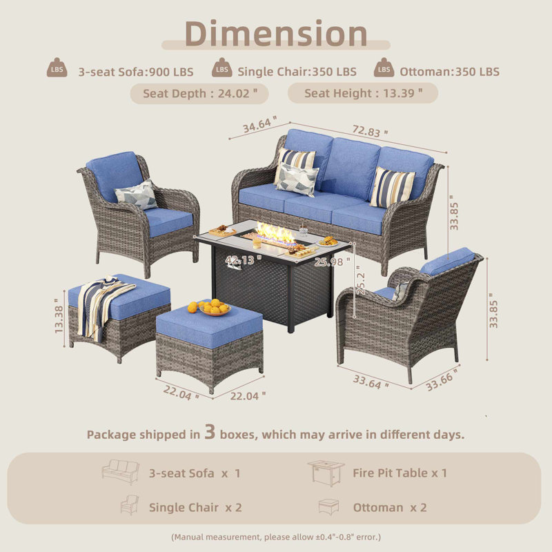 7-Person Outdoor High Back Seating Group With Cushions And Fire Pit,All-Weather Wicker Patio Set, Denim Blue